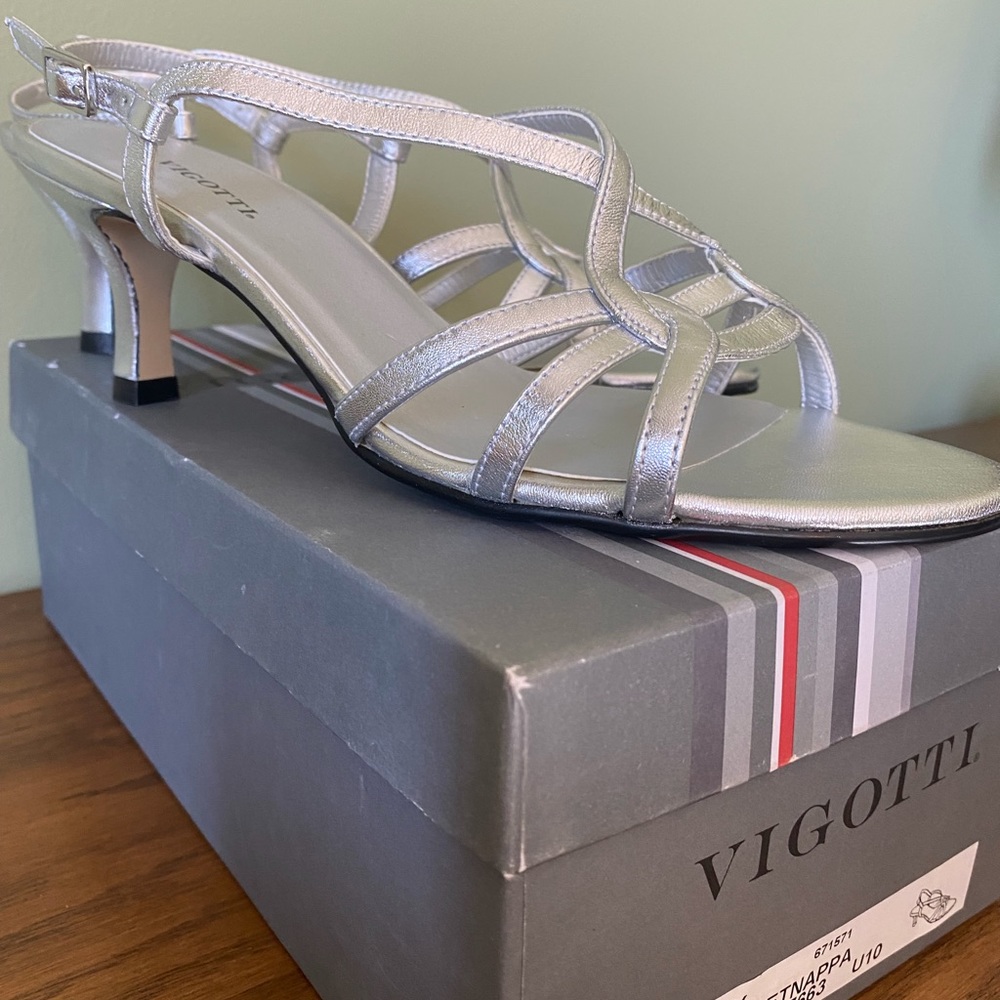Silver Vigotti strappy sandal with 2.75” heel, size 8W